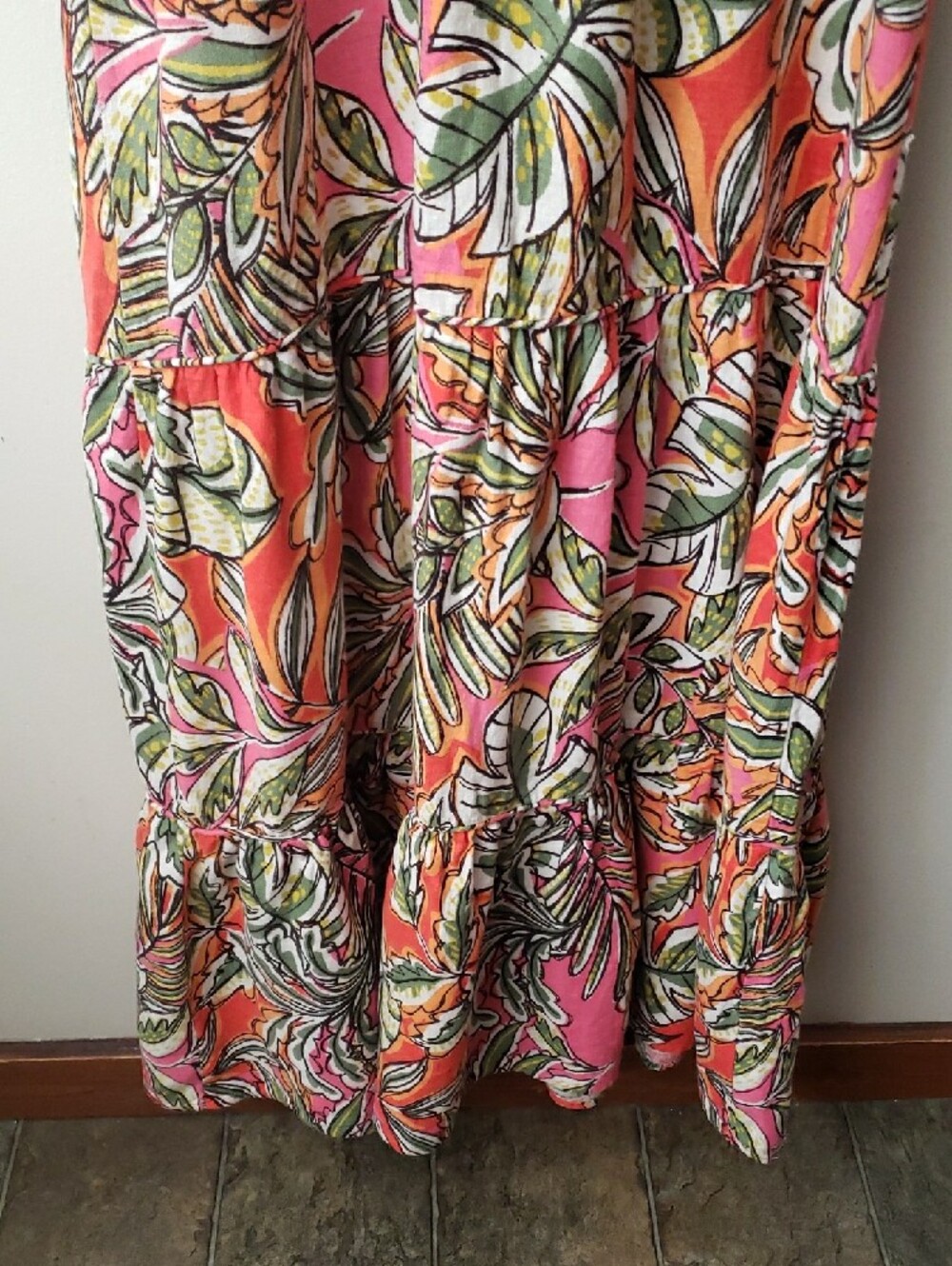 C&C California Pink & Orange Tropical Print Maxi Tiered Linen Blend Dress- L - Picture 9 of 13